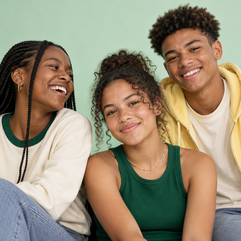 Three smiling teenagers with different skin tones sitting together, representing inclusive everyday teen skincare.