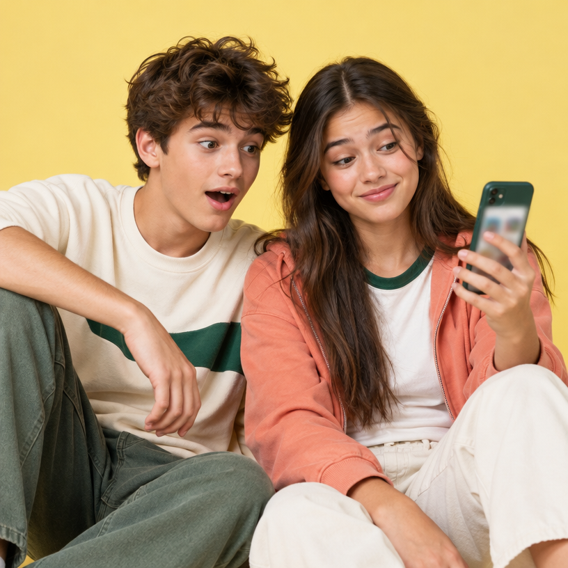 Two teenagers looking at a smartphone together and reacting to skincare advice against a yellow background.