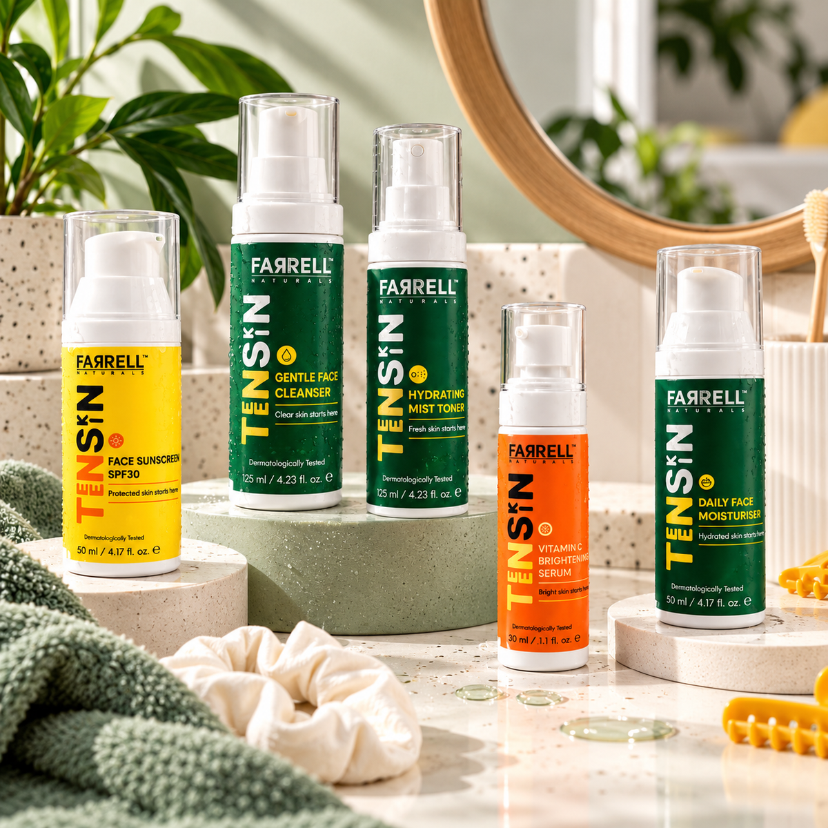 Farrell Naturals TeenSkin sunscreen, cleanser, toner, vitamin C serum and moisturiser displayed together as a five-step skincare routine.