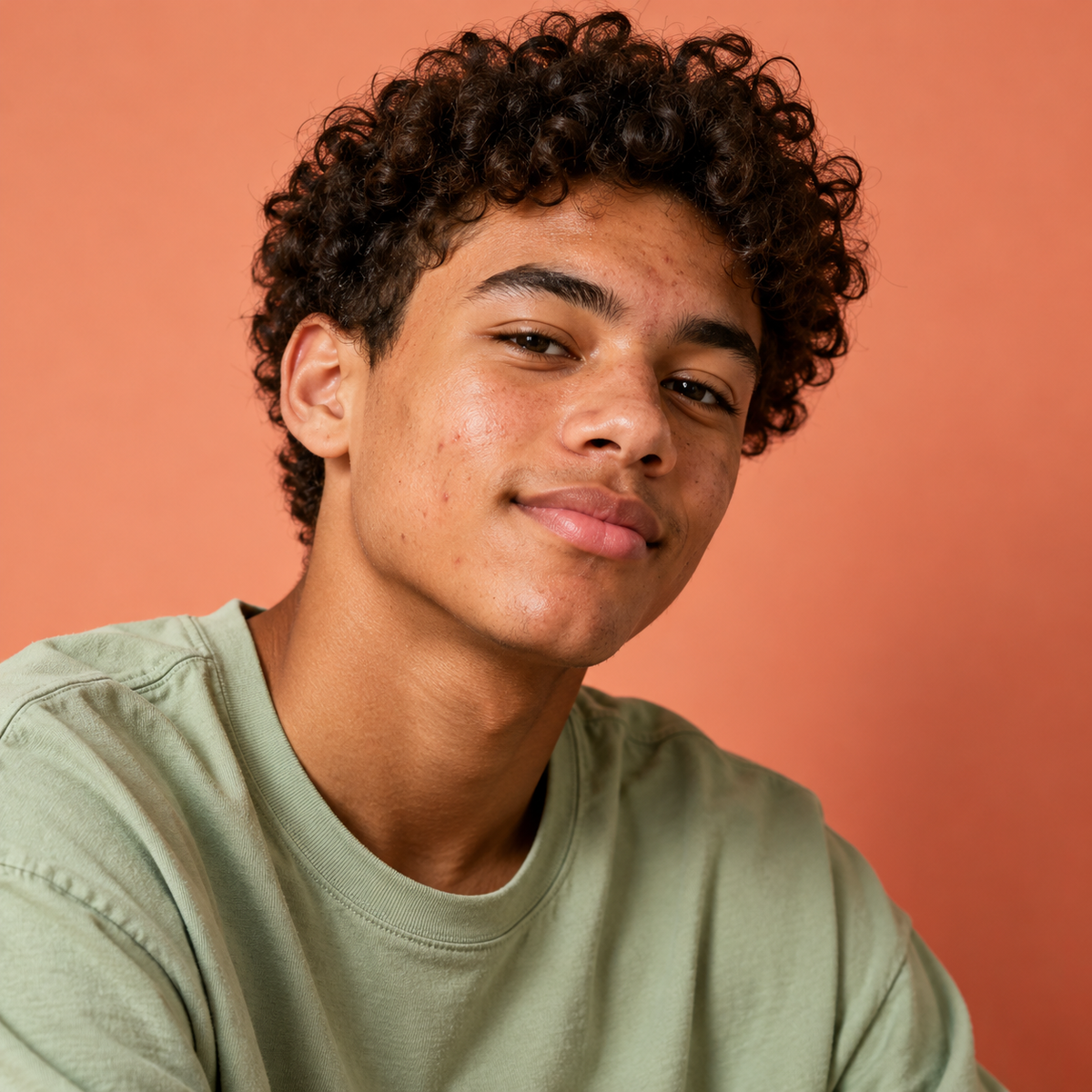 Teenage boy with naturally textured skin and visible minor blemishes against a warm coral background.