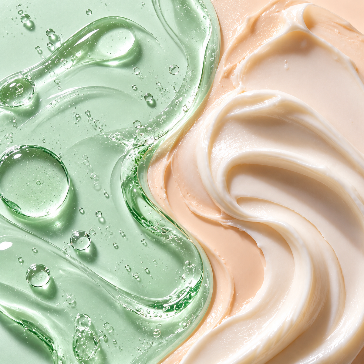 Close-up of translucent green skincare gel and creamy moisturiser textures illustrating hydration and skin balance.