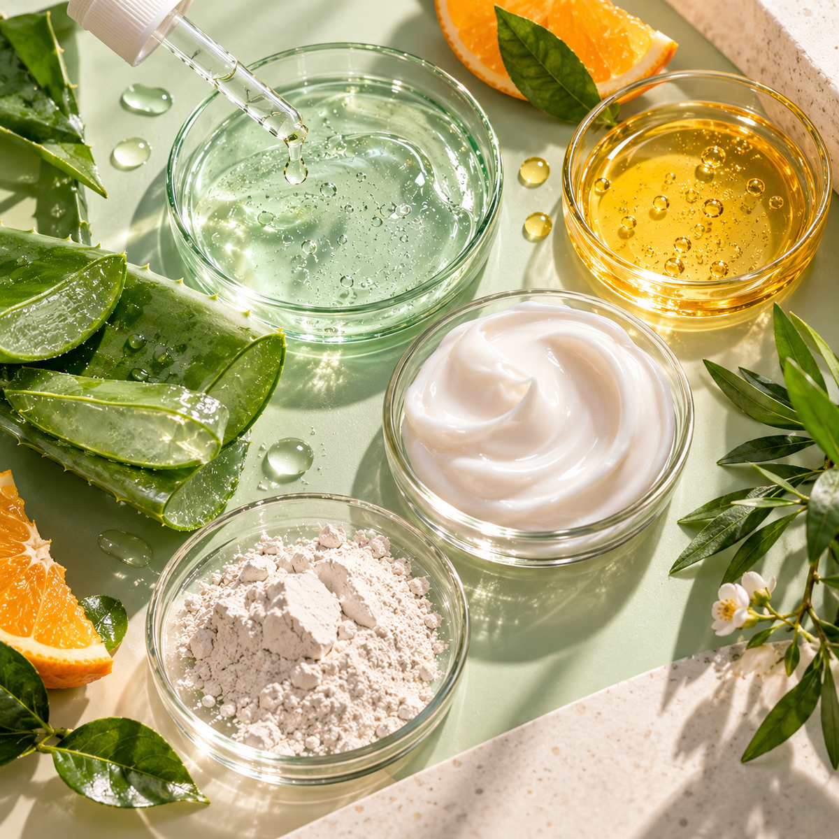 Skincare ingredients including aloe vera, botanical extracts, clear gel, cream and mineral powder arranged in glass bowls.