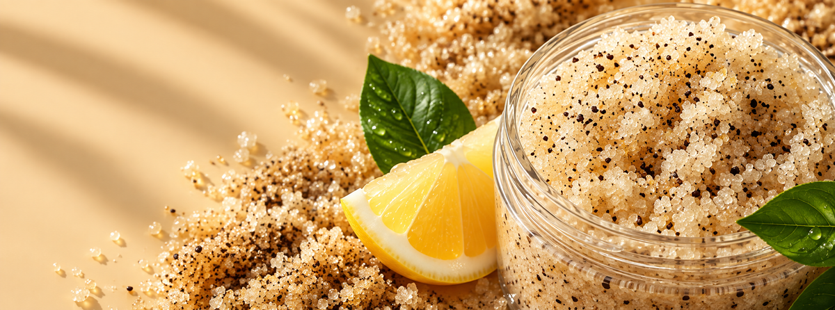 Exfoliating sugar scrub granules in a glass jar with lemon slices and fresh green leaves on a warm beige background.