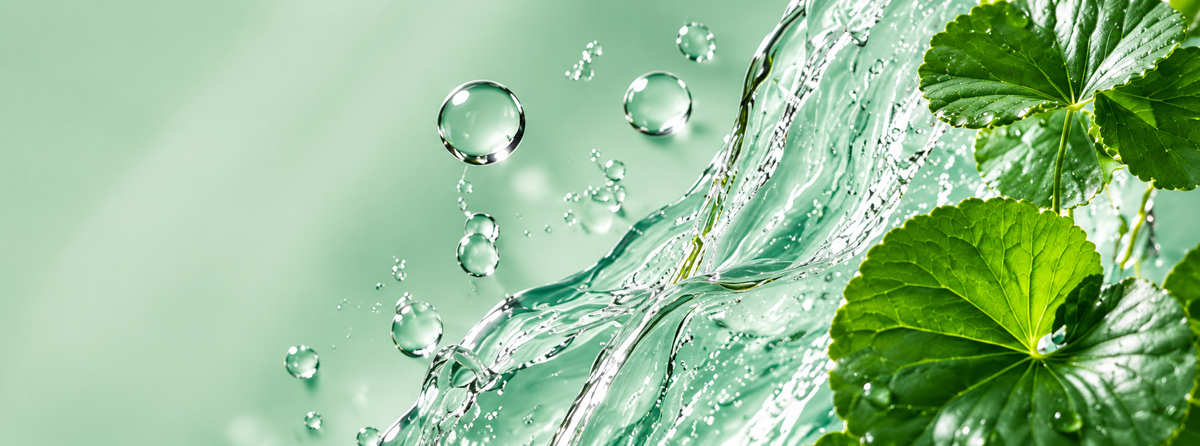 Clear flowing water with floating droplets and fresh green leaves against a soft mint background.