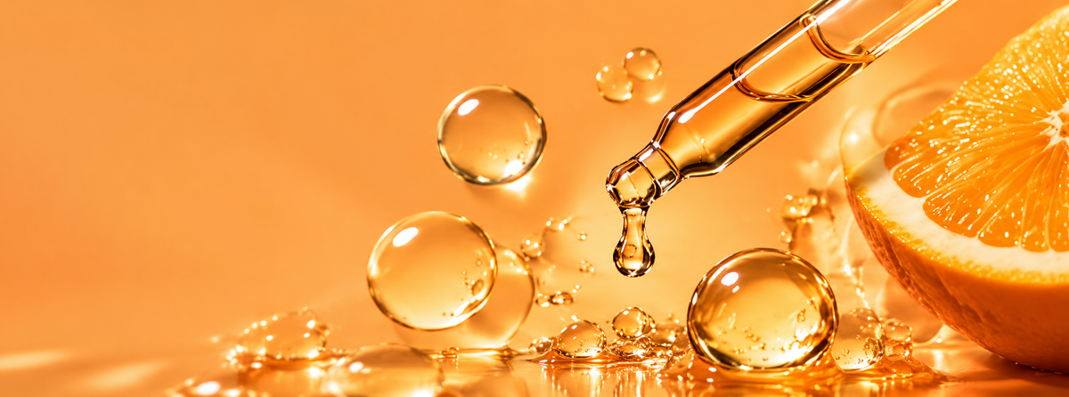 Golden serum droplets falling from a glass pipette beside a sliced orange on a warm orange background.