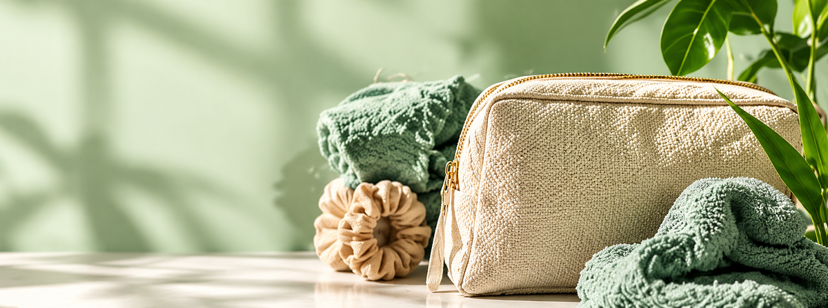 Neutral canvas skincare travel bag with folded sage green towels and hair scrunchies against a soft green background.