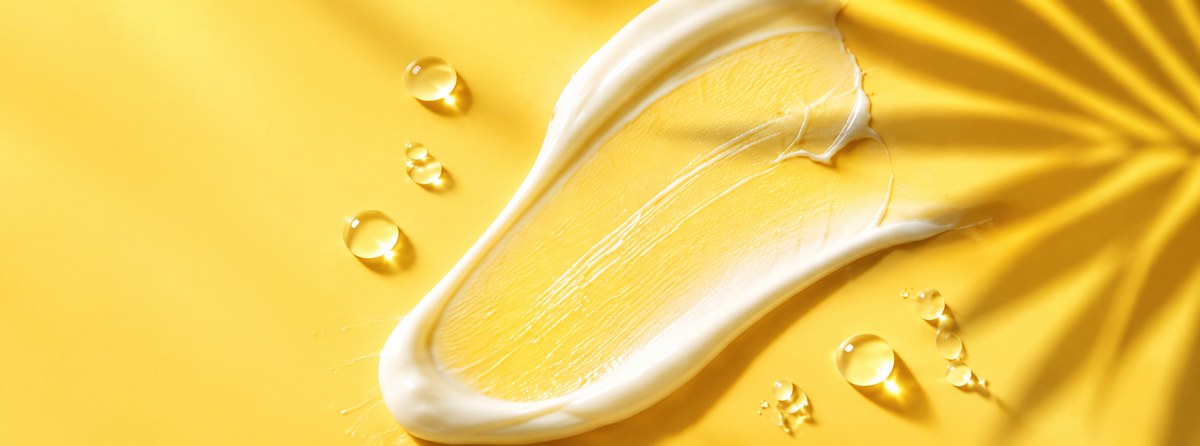 Creamy white sunscreen texture spread across a bright yellow background with golden water droplets.