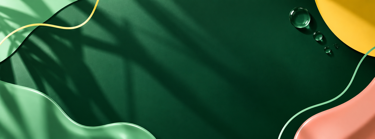 Abstract dark Farrell green background with mint and yellow curved shapes, soft leaf shadows and water droplets.