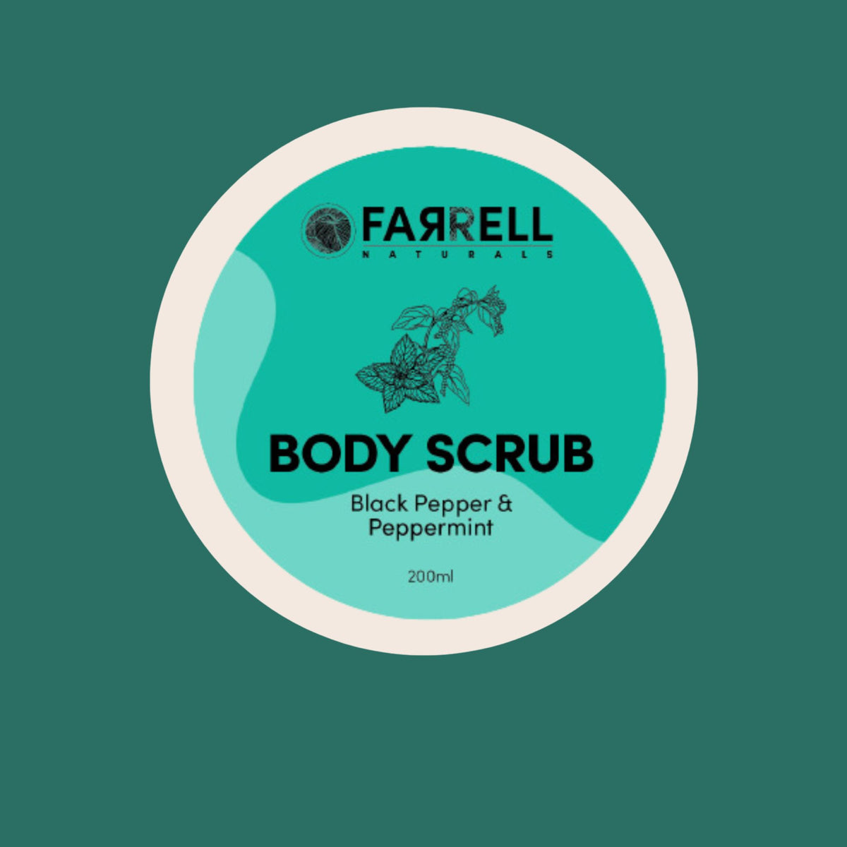 Body scrub container with 'Farrell Naturals' branding on a green background