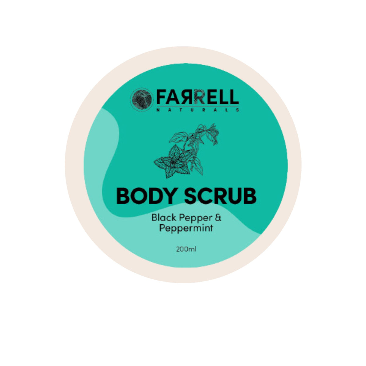 Body scrub container with green label and 'Farrell Naturals' branding on a white background
