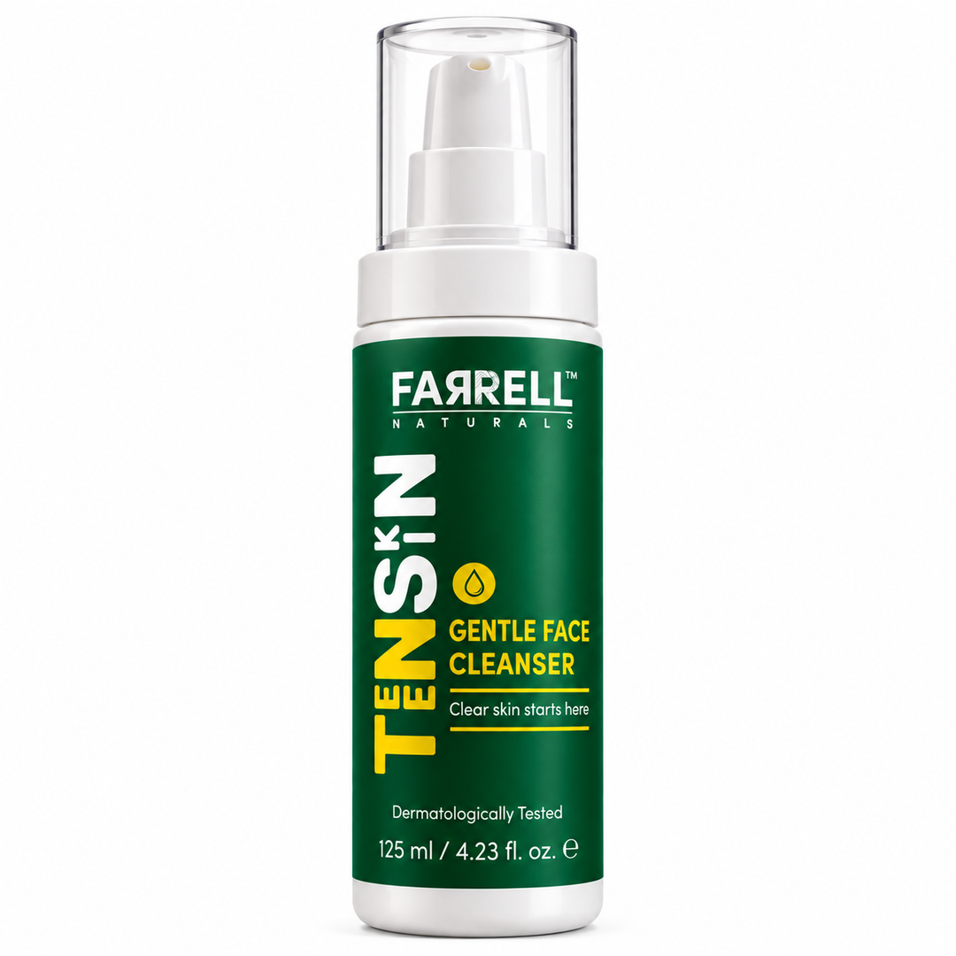 Farrell Naturals TEENSKIN Gentle Face Cleanser 125 ml bottle with green label, white pump and clear cap on a white background.