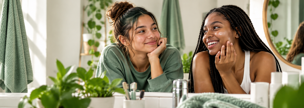 Two smiling teenage girls with different skin tones chatting together in a bright bathroom, representing Farrell Naturals teen skincare questions and advice.