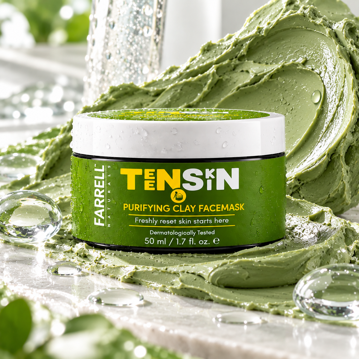 Farrell Naturals Purifying Clay Face Mask jar surrounded by soft green clay texture and fresh botanical accents.