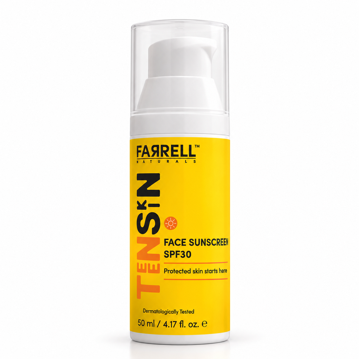 Farrell Naturals TEENSKIN Face Sunscreen SPF30 50 ml bottle with bright yellow label and white pump on a white background.