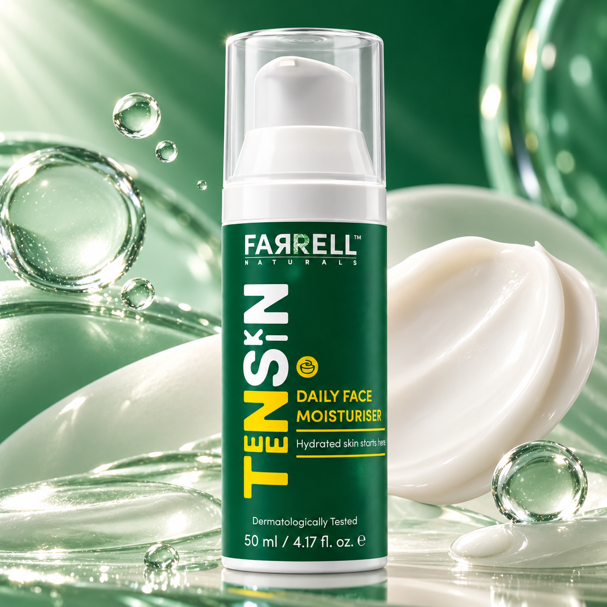 Farrell Naturals Daily Face Moisturiser bottle surrounded by green hydration gel, water droplets and white cream.