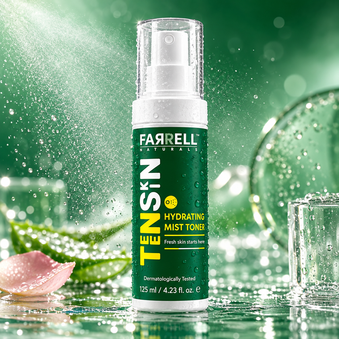 Farrell Naturals Hydrating Mist Toner bottle in a fresh green setting with fine mist and water droplets.