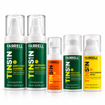 Farrell Naturals five-step teen skincare set with cleanser, toner, Vitamin C serum, moisturiser and SPF30 sunscreen on a white background.