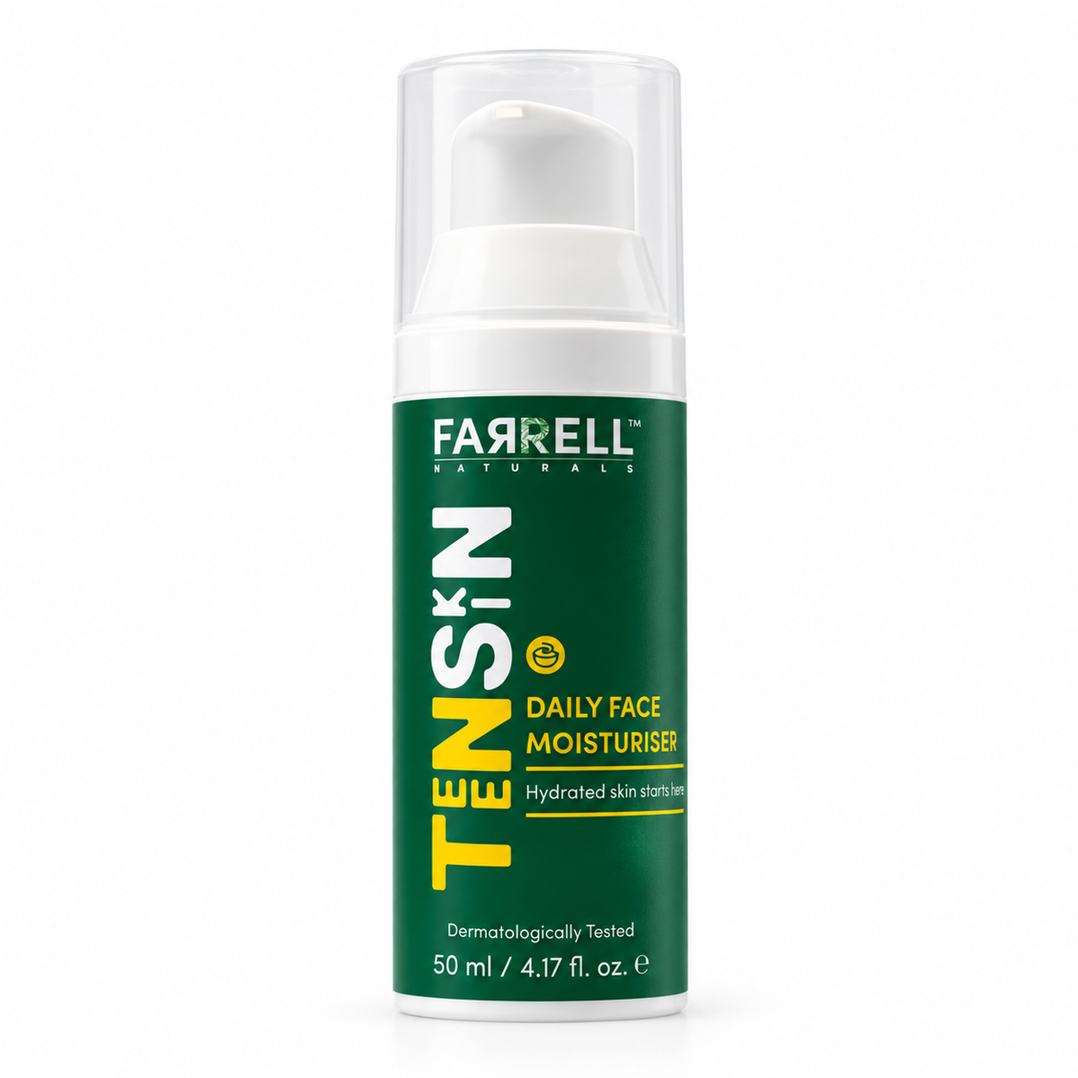 Farrell Naturals TEENSKIN Daily Face Moisturiser 50 ml bottle with green label and white pump on a white background.