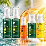 Farrell Naturals five-step skincare products arranged with fresh green, orange and yellow water and serum textures.