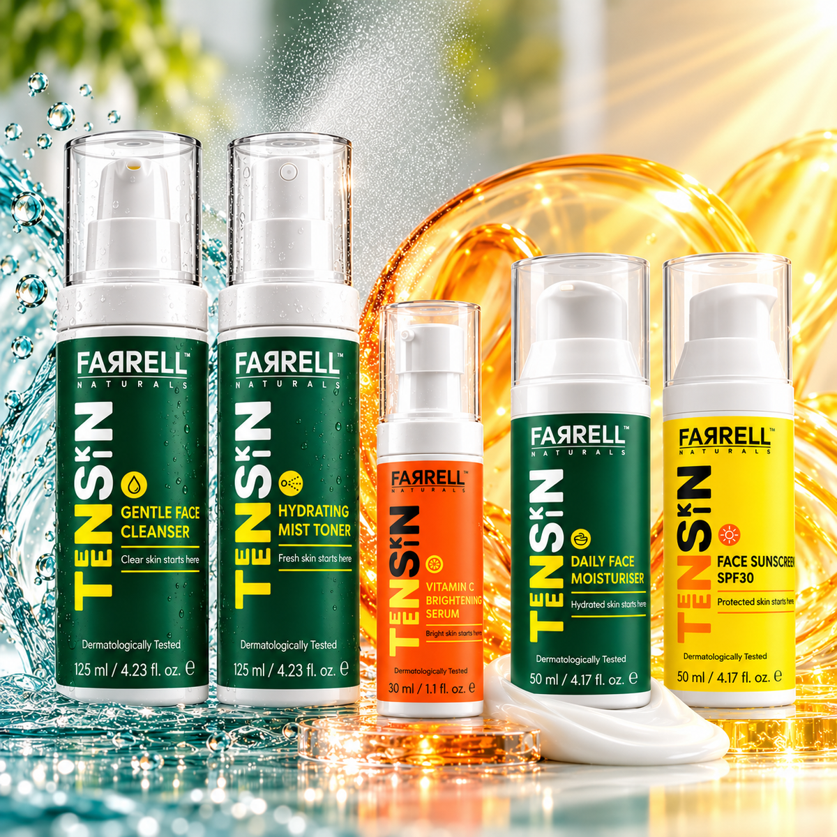 Farrell Naturals five-step skincare products arranged with fresh green, orange and yellow water and serum textures.