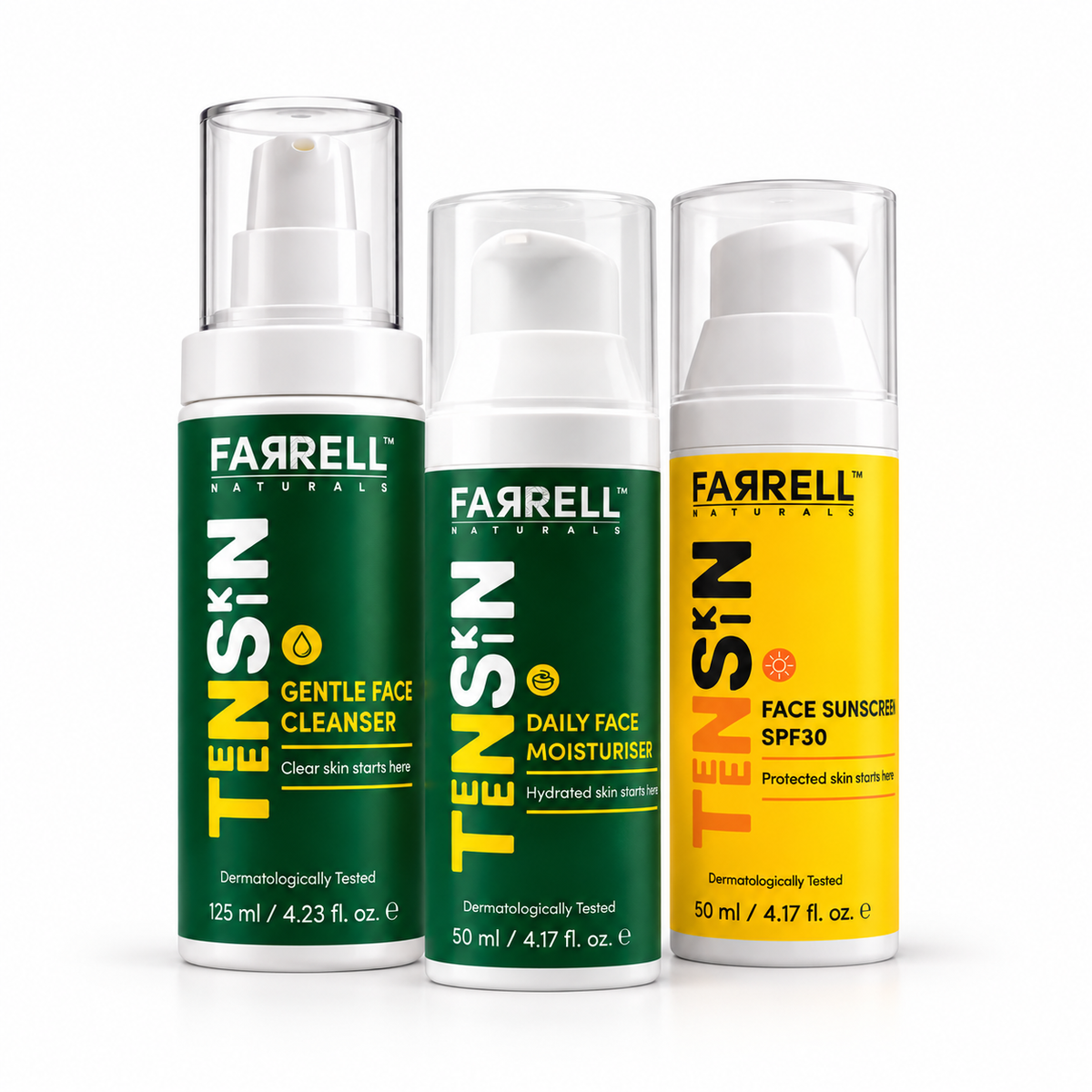 Farrell Naturals Teen Skincare Essentials Trio with Gentle Face Cleanser, Daily Face Moisturiser and Face Sunscreen SPF30 on a white background.