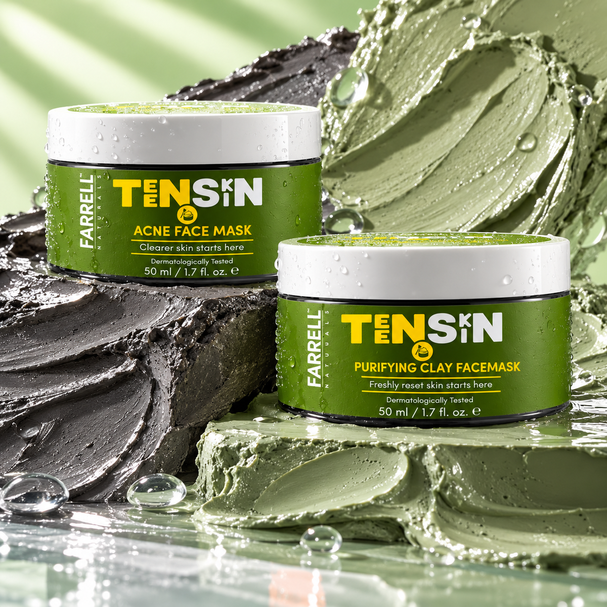 Farrell Naturals Acne Face Mask and Purifying Clay Face Mask jars surrounded by contrasting dark and green clay textures.