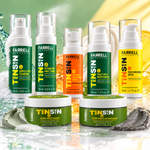 Complete Farrell Naturals teen skincare collection displayed together with green, orange and yellow skincare textures.