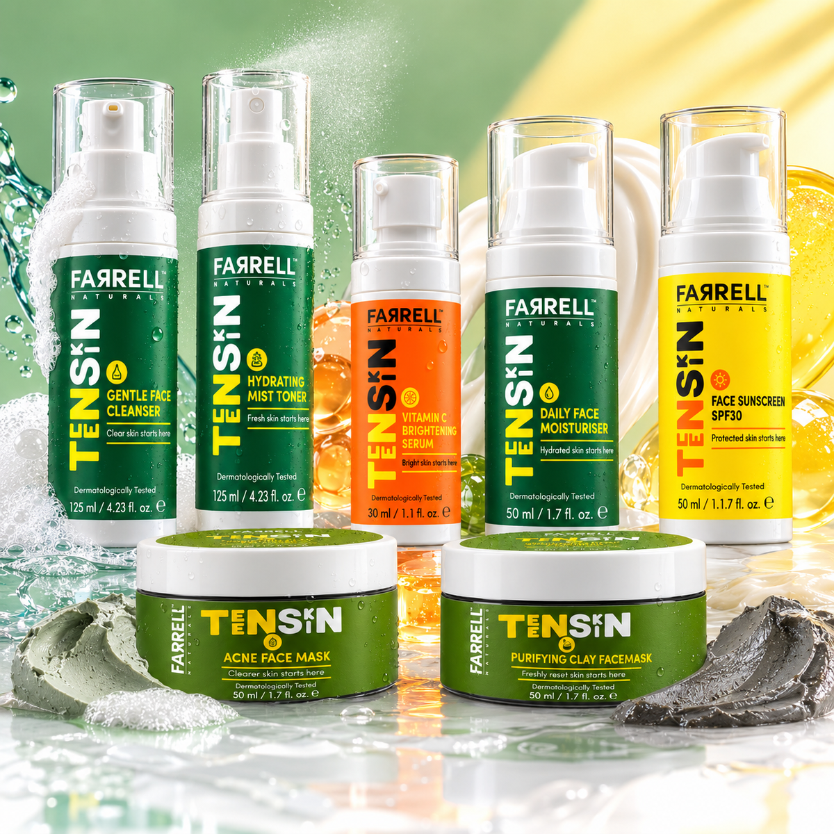 Complete Farrell Naturals teen skincare collection displayed together with green, orange and yellow skincare textures.