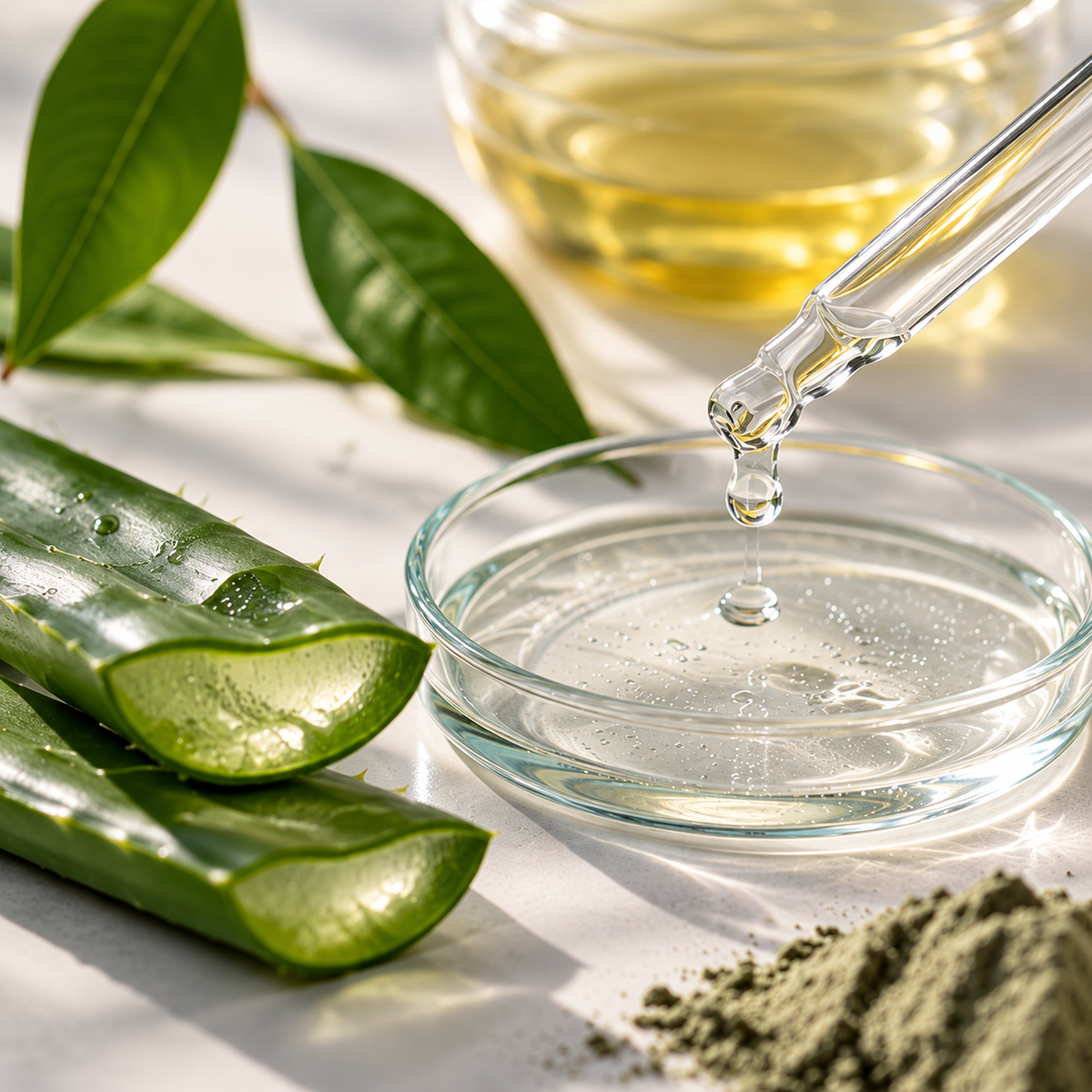 Close-up of a glass dropper dispensing clear skincare serum into a glass dish, surrounded by aloe vera and green leaves.