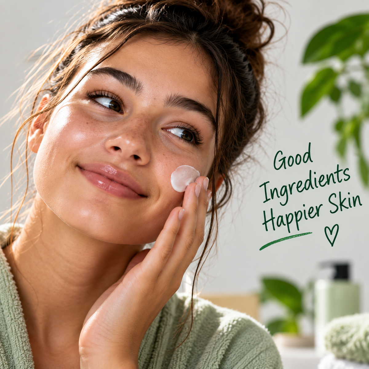 Teenage girl with naturally textured skin gently applying skincare cream to her cheek.