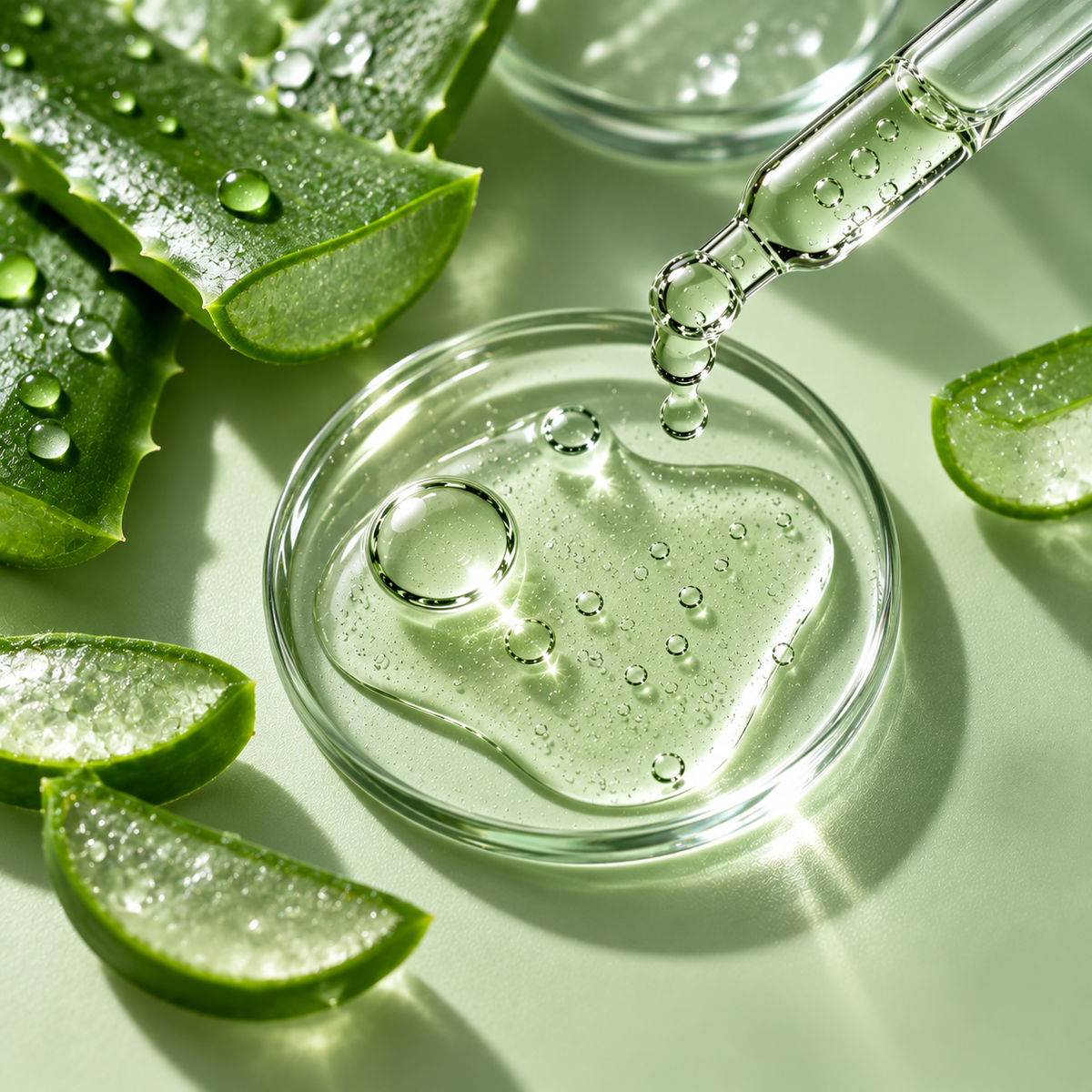 Fresh aloe vera leaves surrounding a glass dish of clear soothing gel and a dropper.
