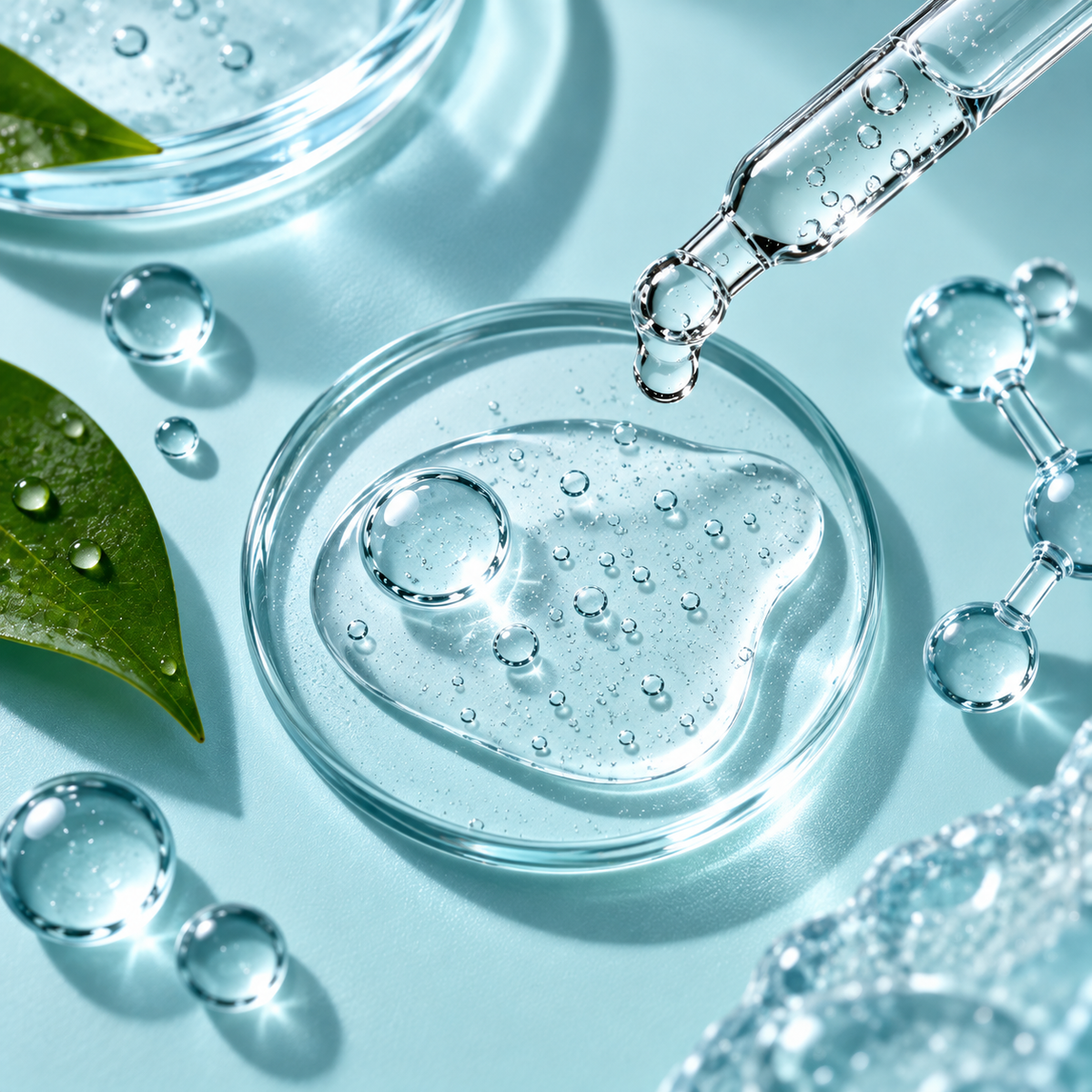 Clear hydrating skincare gel with water droplets and a glass dropper against a pale blue background.