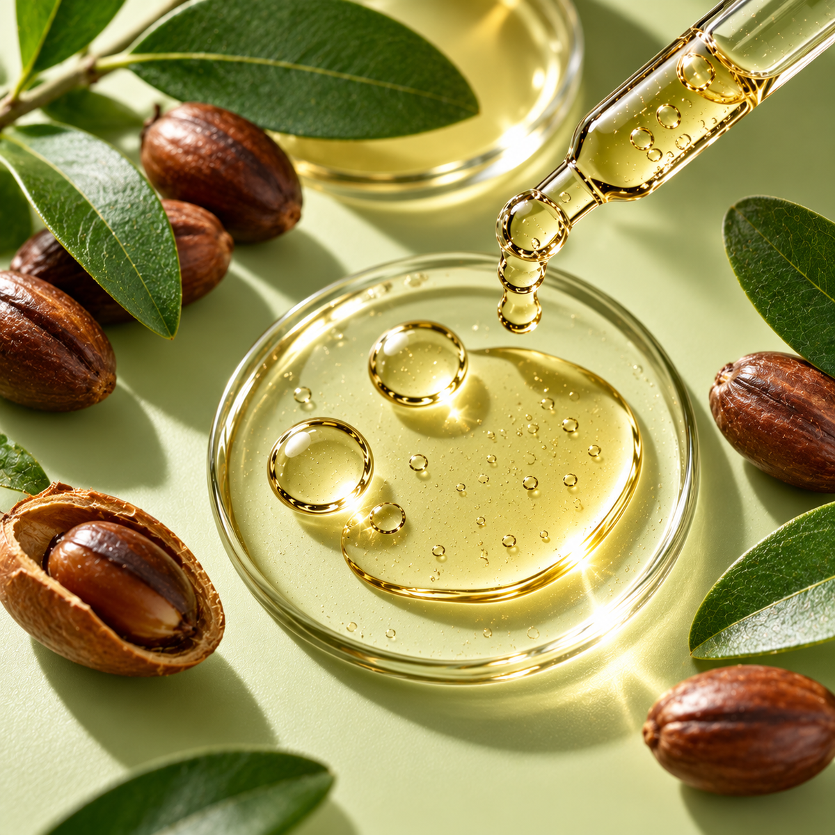 Golden jojoba oil in a glass dish with a dropper, jojoba seeds and green leaves.