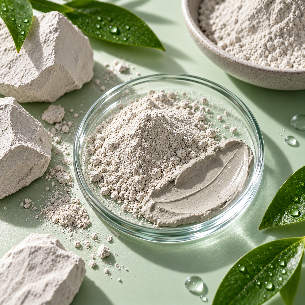 Fine pale grey kaolin clay powder in a glass bowl with a scoop, clay pieces and green leaves.