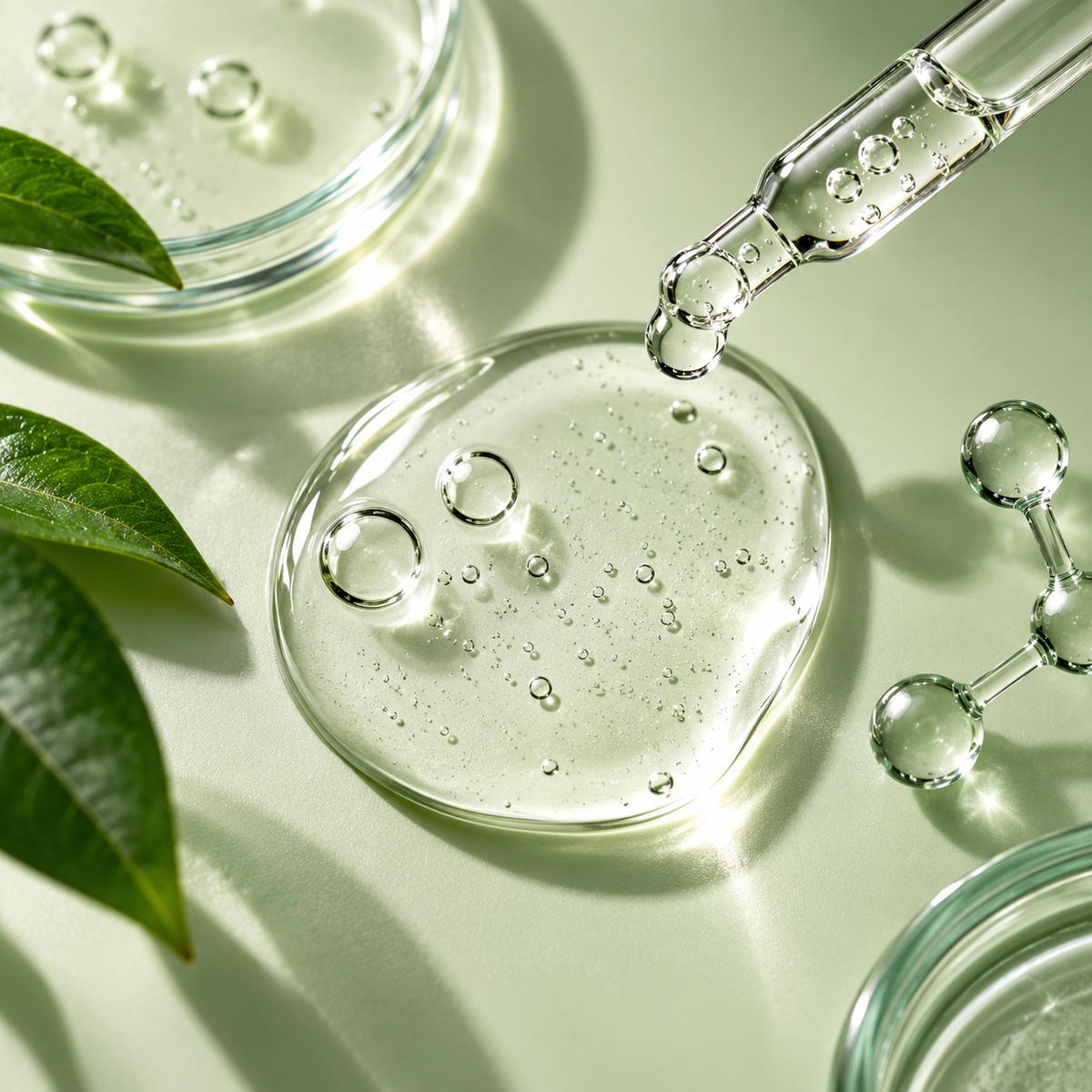 Clear green skincare serum with bubbles and a glass dropper, surrounded by fresh green leaves.