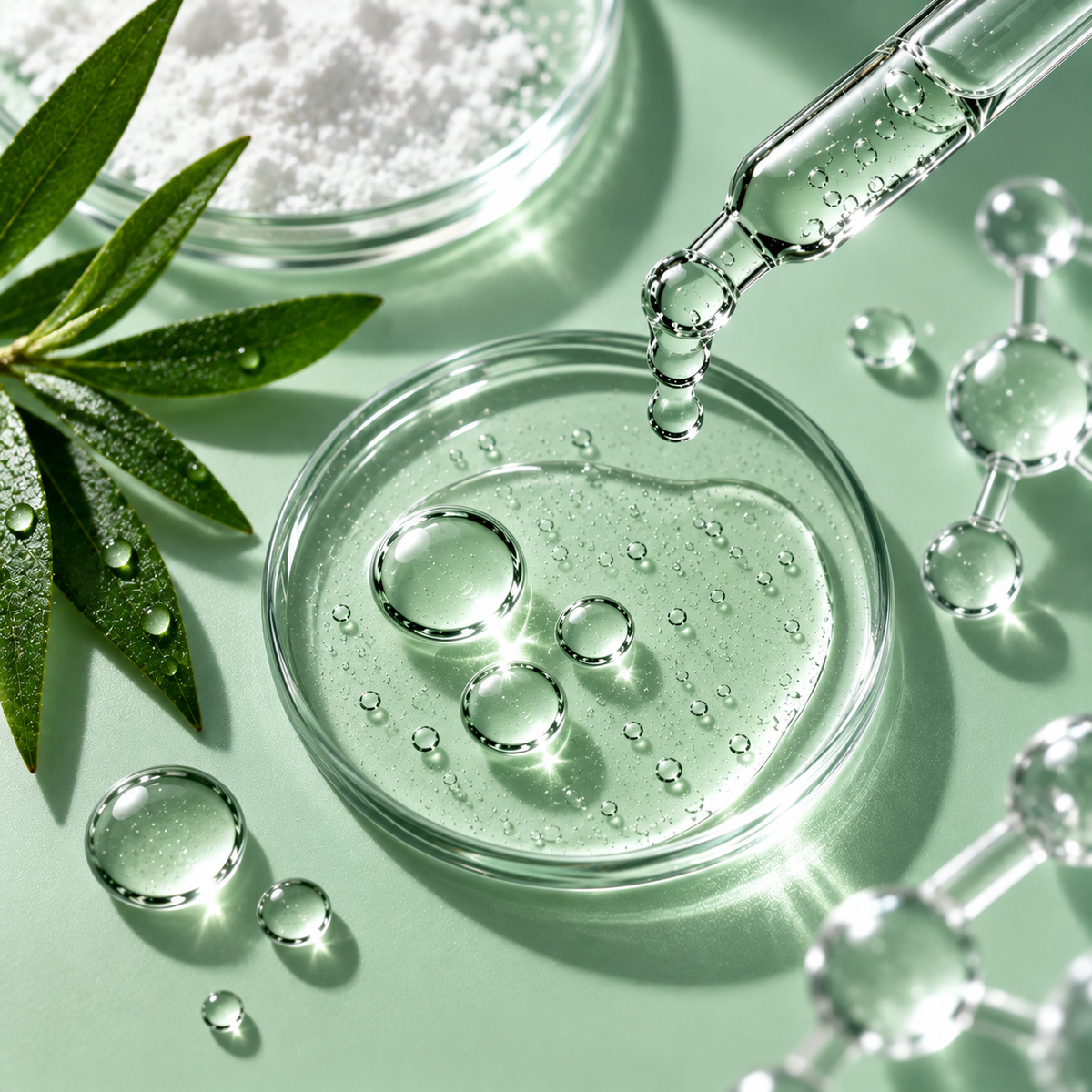 Transparent skincare serum in a glass dish with a dropper, green leaves and molecular-inspired details.