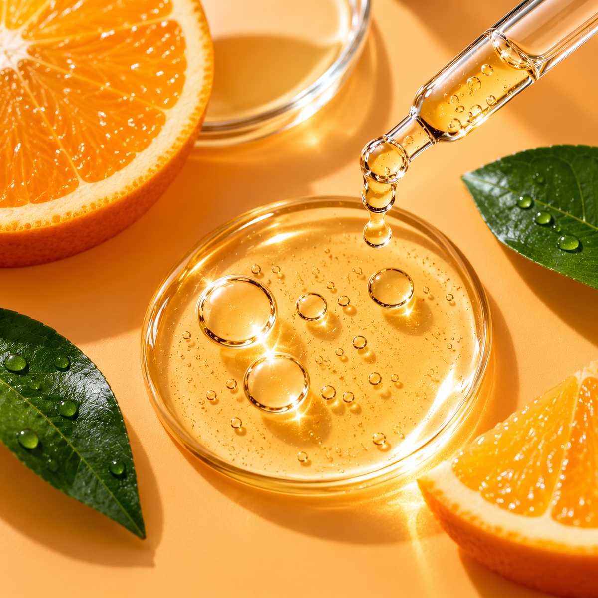 Golden skincare serum in a glass dish with a dropper, fresh orange slices and green leaves.