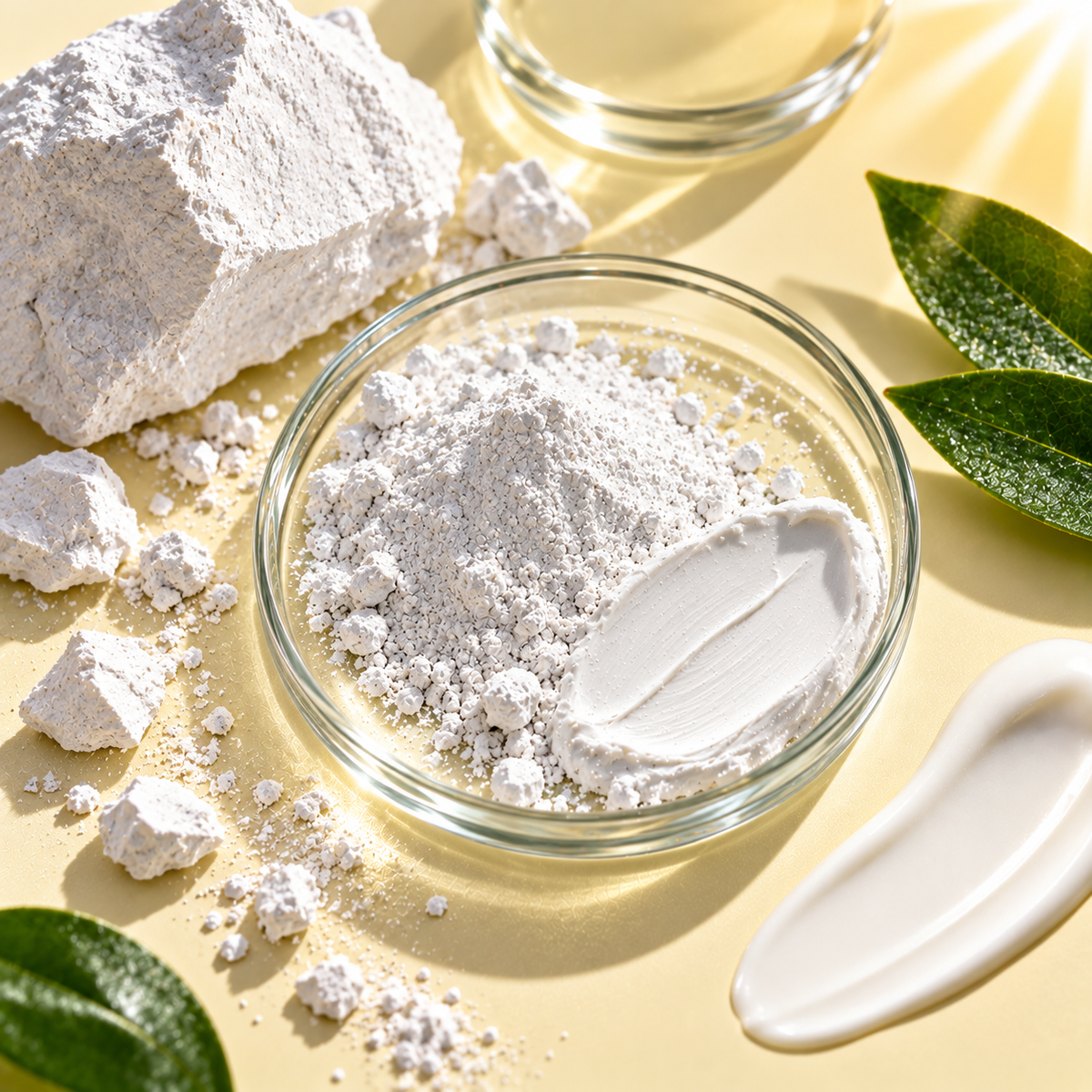 Fine white zinc oxide powder in a glass bowl with a white scoop, mineral pieces and green leaves.