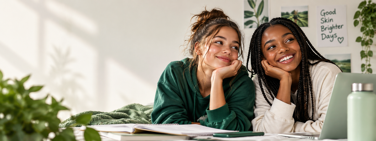 Two smiling teenage girls relaxing together in a bright bedroom, representing approachable skincare education for teens.