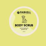 Farrell Naturals body scrub container with lemongrass and lemon oil on a yellow background