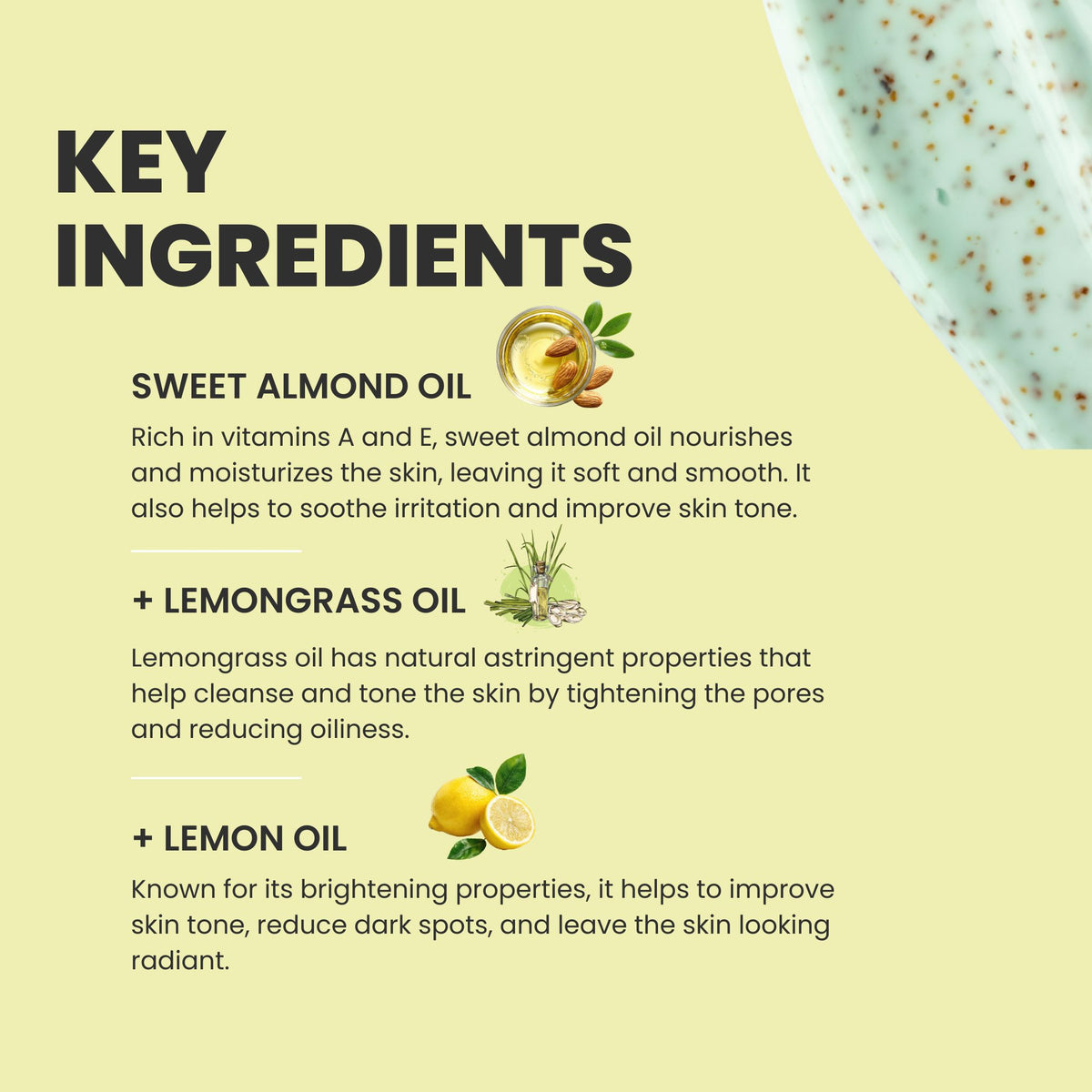 Product packaging with key ingredients listed on a light green background