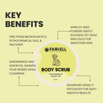 Advertisement for Farrell Naturals Body Scrub with key benefits listed on a light yellow background.