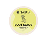Body scrub container with 'Farrell Naturals' branding on a white background