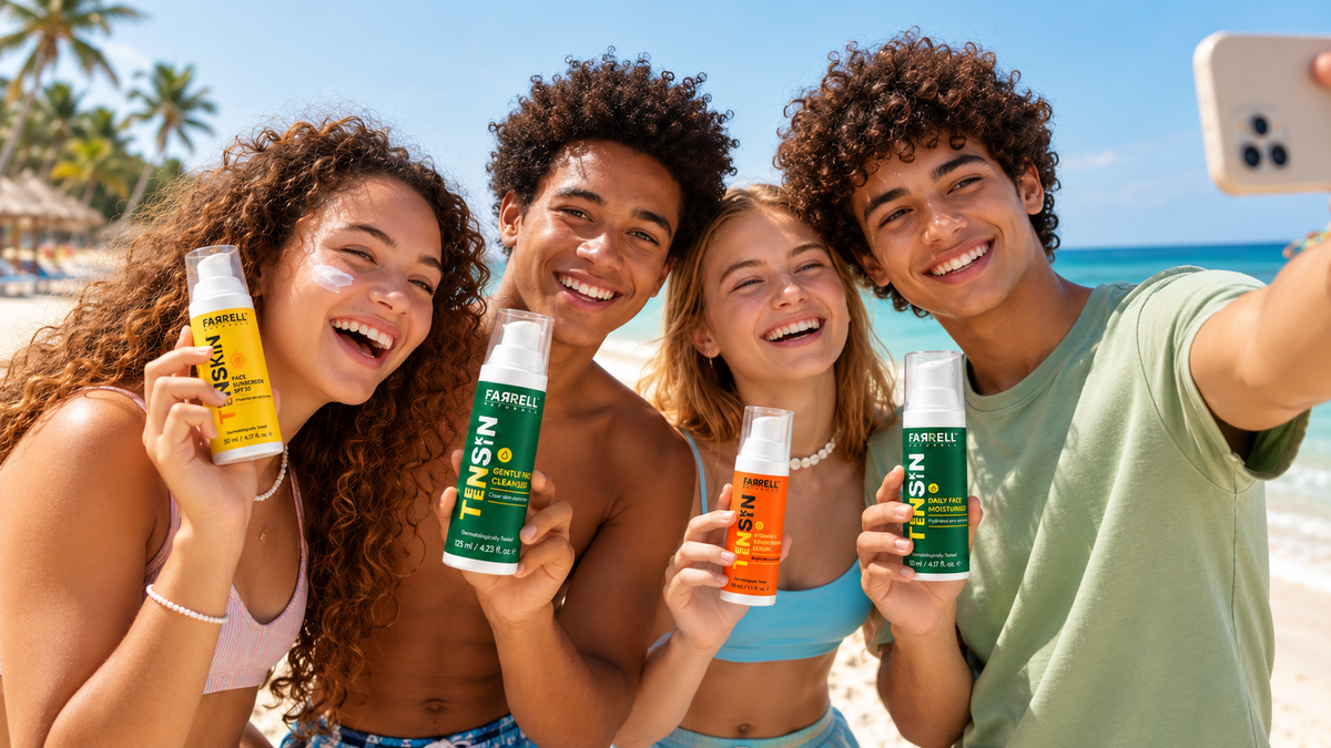 Four smiling teenagers at the beach holding Farrell Naturals TEENSKIN cleanser, sunscreen, serum and moisturiser.