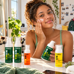 Teenage girl applying skincare at a sunny vanity with the five Farrell Naturals daily skincare products displayed nearby.