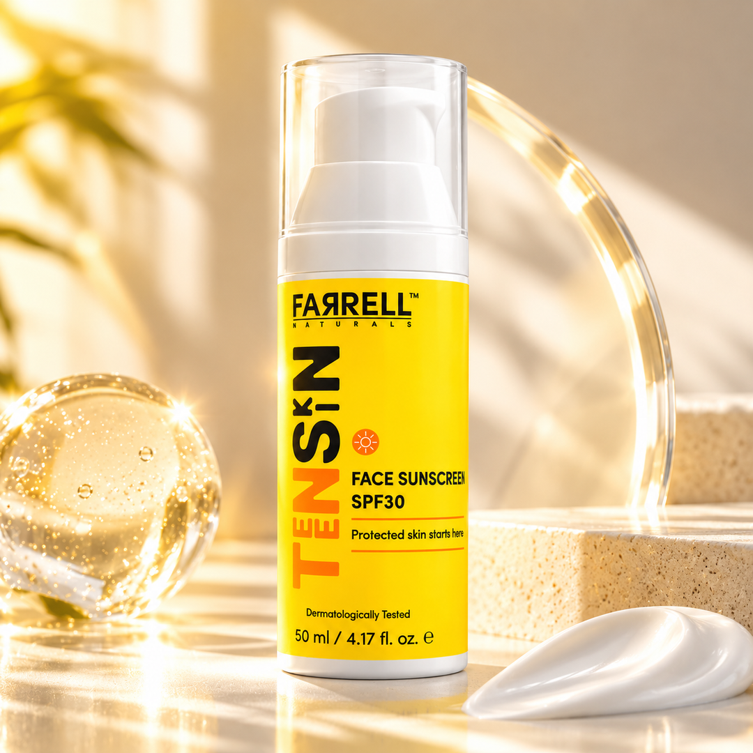 Farrell Naturals Face Sunscreen SPF30 bottle with golden sunlight reflections, water droplets and sunscreen cream.