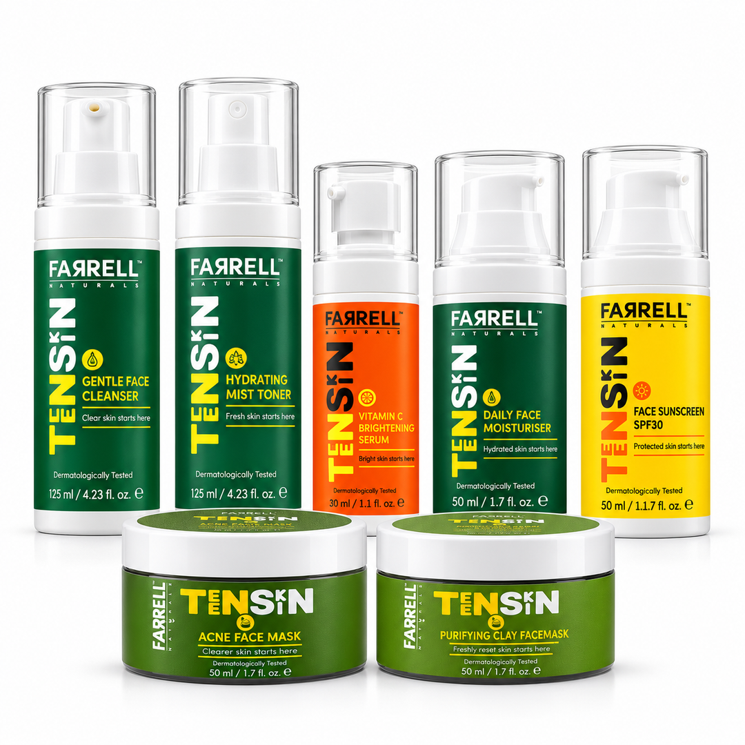 Farrell Naturals complete TEENSKIN collection showing five daily skincare bottles and two face mask jars on a white background.