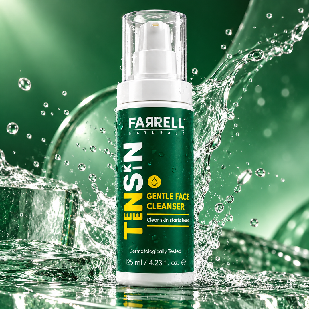 Farrell Naturals TEENSKIN Gentle Face Cleanser bottle surrounded by splashing water against a fresh green background.