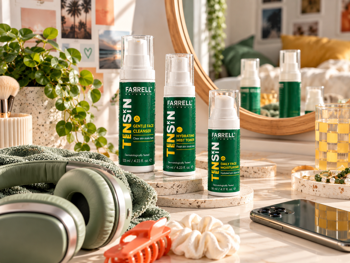 Farrell Naturals TeenSkin cleanser, hydrating mist toner and daily face moisturiser displayed on a teen vanity with headphones, mirror and skincare accessories.