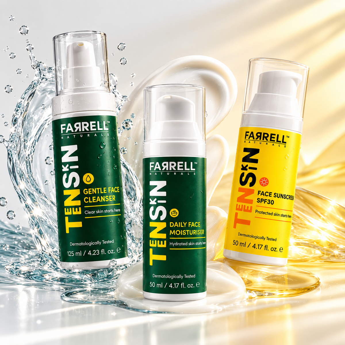 Farrell Naturals three essential teen skincare products displayed with water, moisturising cream and golden sunlight textures.